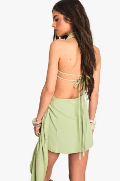 boohoo Linen Look Drape Cowl Wrap Mini Dress<Femme Robes|Robes De Soirée