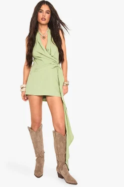 boohoo Linen Look Drape Cowl Wrap Mini Dress<Femme Robes|Robes De Soirée
