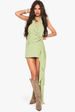 boohoo Linen Look Drape Cowl Wrap Mini Dress<Femme Robes|Robes De Soirée