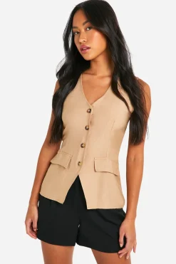 Linen Look Longline Waistcoat