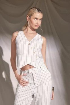 Linen Look Pinstripe Gilet Asymétrique Effet Lin