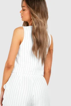 Linen Look Pinstripe Gilet Asymétrique Effet Lin