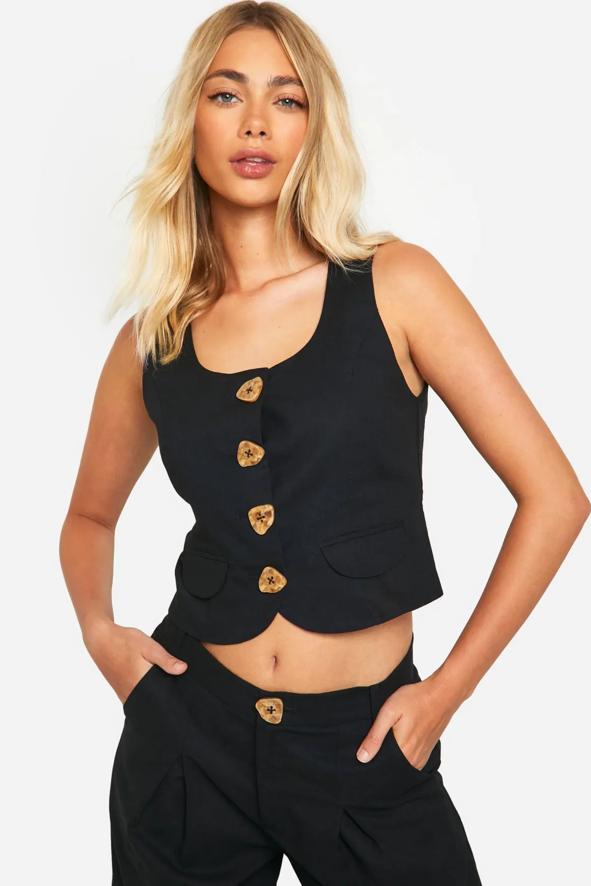Linen Look Scoop Neck Waistcoat