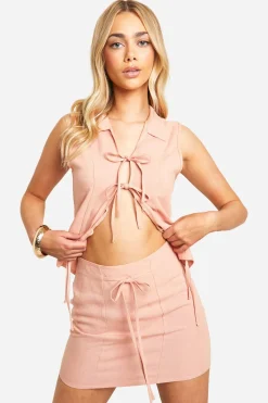 boohoo Linen Look Tie Front Mini Skirt<Femme Jupes|Jupes