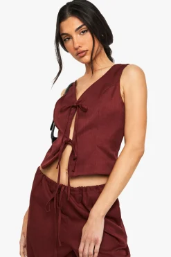 boohoo Linen Look Tie Front Top<Femme Tops|Looks Bordeaux