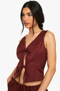 boohoo Linen Look Tie Front Top<Femme Tops|Looks Bordeaux