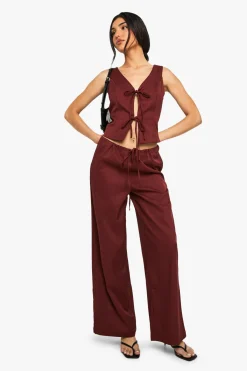 boohoo Linen Look Tie Front Top<Femme Tops|Looks Bordeaux