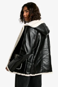 boohoo Long manteau à capuche en synthétique avec doublure borg<Femme Vestes & Manteaux