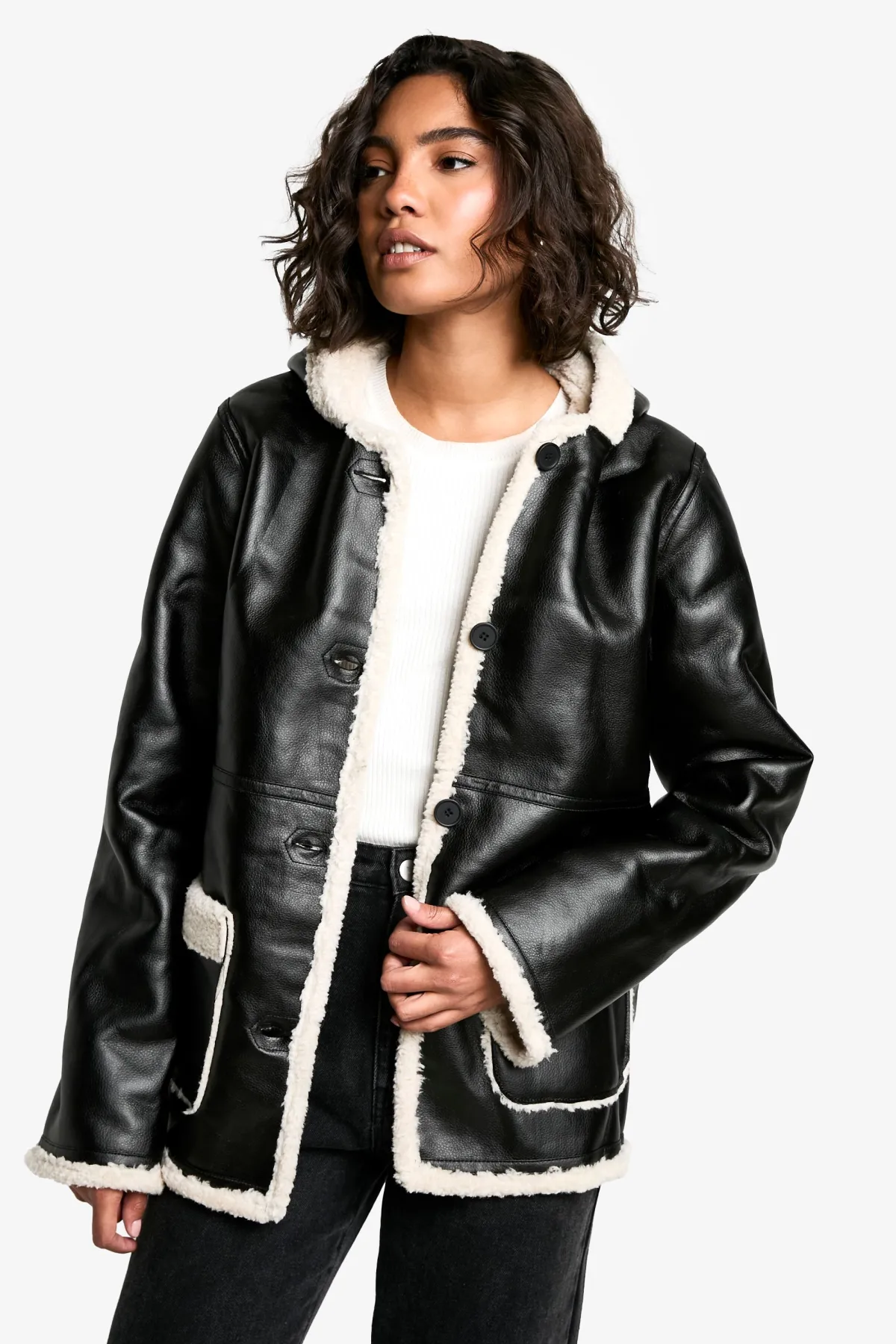 boohoo Long manteau à capuche en synthétique avec doublure borg<Femme Vestes & Manteaux