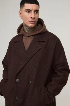 Long manteau en chevron surdimensionné à épaules tombantes en marron