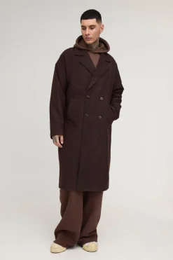 Long manteau en chevron surdimensionné à épaules tombantes en marron