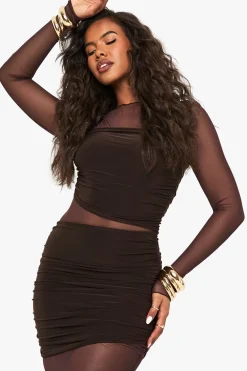 boohoo Long Sleeve Mesh Panel Maxi Dress<Femme Looks Chocolat|Robes À Manches Longues