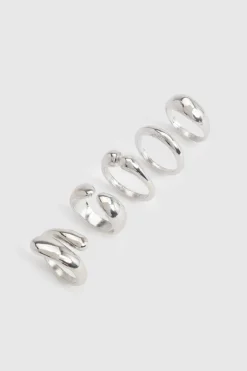 Lot de 5 Bagues Argentées Volumineuses au Design Abstrait
