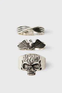 boohooMAN Lot De 3 Bagues Gothiques es<Homme Bijoux Et Montres
