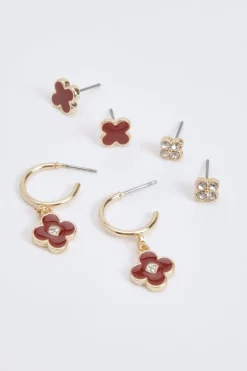 Lot de 3 boucles d'oreilles trèfle bordeaux
