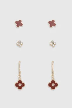 Lot de 3 boucles d'oreilles trèfle bordeaux