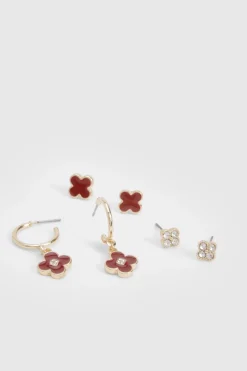 Lot de 3 boucles d'oreilles trèfle bordeaux
