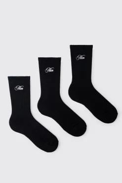 boohooMAN Lot de 3 chaussettes pour homme à broderie script<Homme Chaussettes