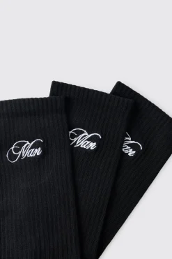 boohooMAN Lot de 3 chaussettes pour homme à broderie script<Homme Chaussettes