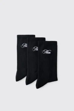 boohooMAN Lot de 3 chaussettes pour homme à broderie script<Homme Chaussettes