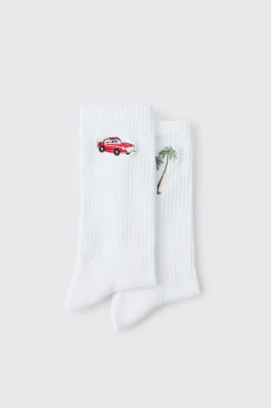 Lot De 2 Paires De Chaussettes Brodées Palmier Et Voiture