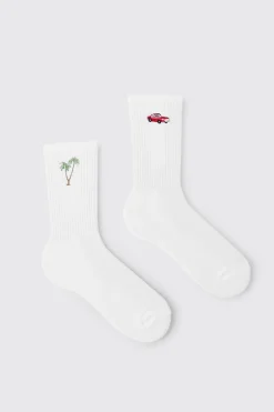 Lot De 2 Paires De Chaussettes Brodées Palmier Et Voiture