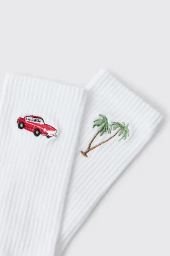 Lot De 2 Paires De Chaussettes Brodées Palmier Et Voiture
