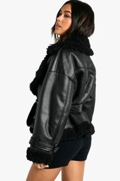 Luxe Teddy Trim Veste Aviateur Ceinturée
