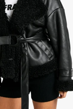 Luxe Teddy Trim Veste Aviateur Ceinturée