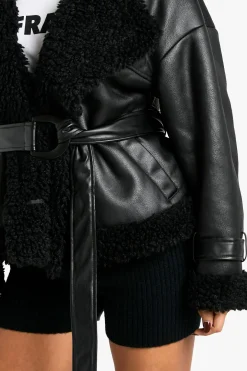Luxe Teddy Trim Veste Aviateur Ceinturée