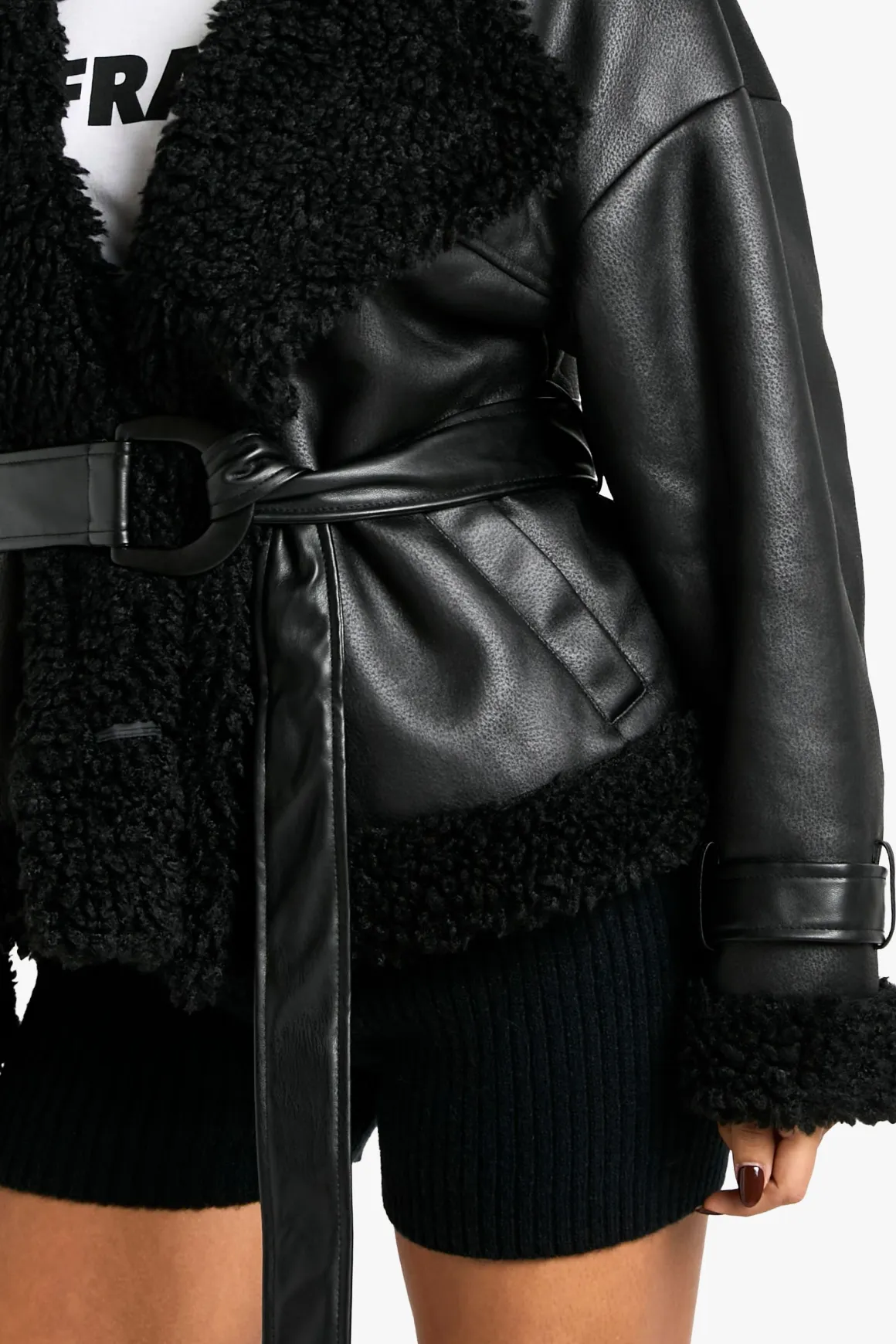 Luxe Teddy Trim Veste Aviateur Ceinturée
