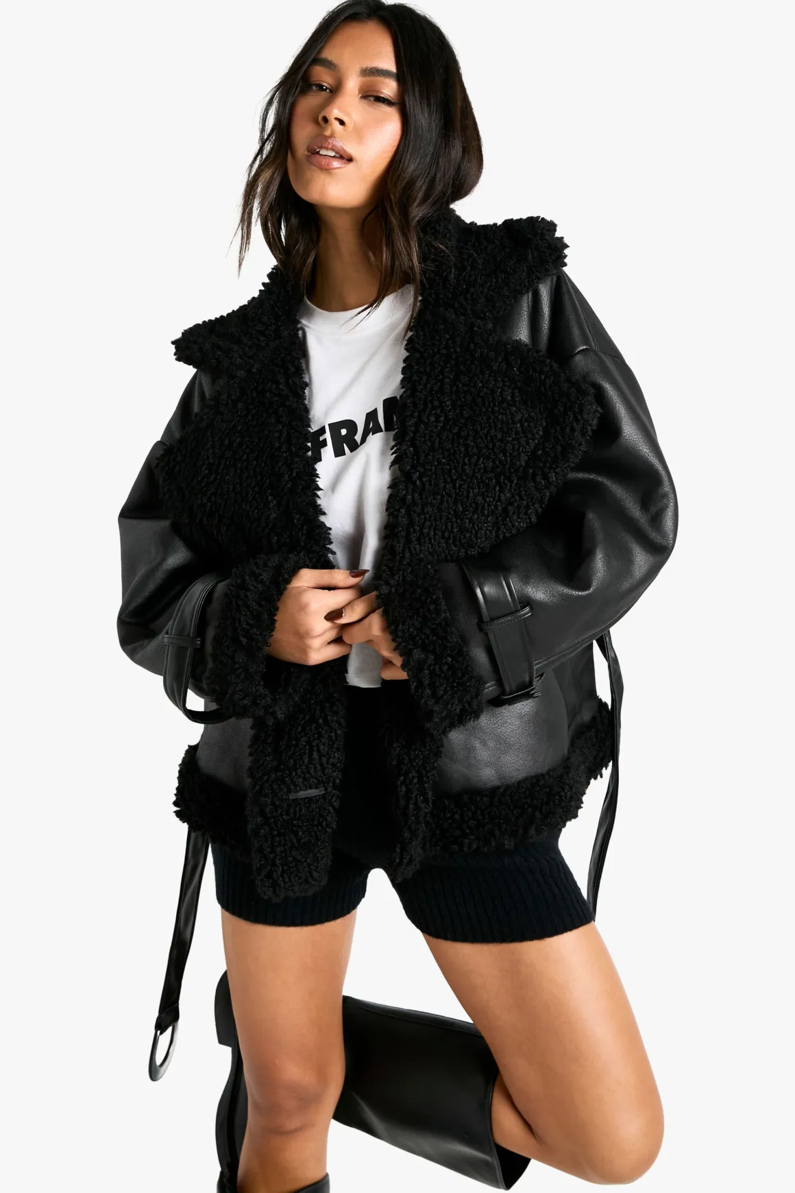 Luxe Teddy Trim Veste Aviateur Ceinturée