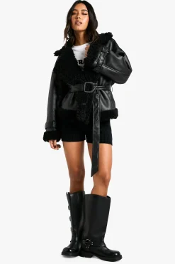 Luxe Teddy Trim Veste Aviateur Ceinturée