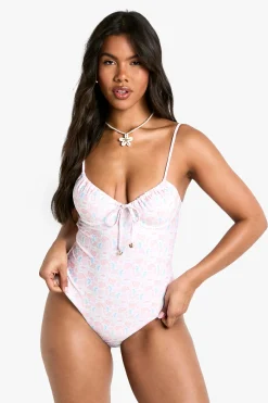 Maillot de bain à armatures imprimé coquillage avec garniture de perles