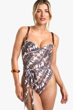 Maillot de bain à armatures, imprimé batik tie-dye, bretelles chaîne nouées à l'avant