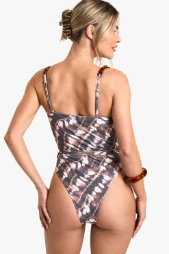 Maillot de bain à armatures, imprimé batik tie-dye, bretelles chaîne nouées à l'avant