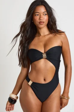 Maillot De Bain Bandeau Asymétrique À Découpe Centrale Avec Finitions Dorées