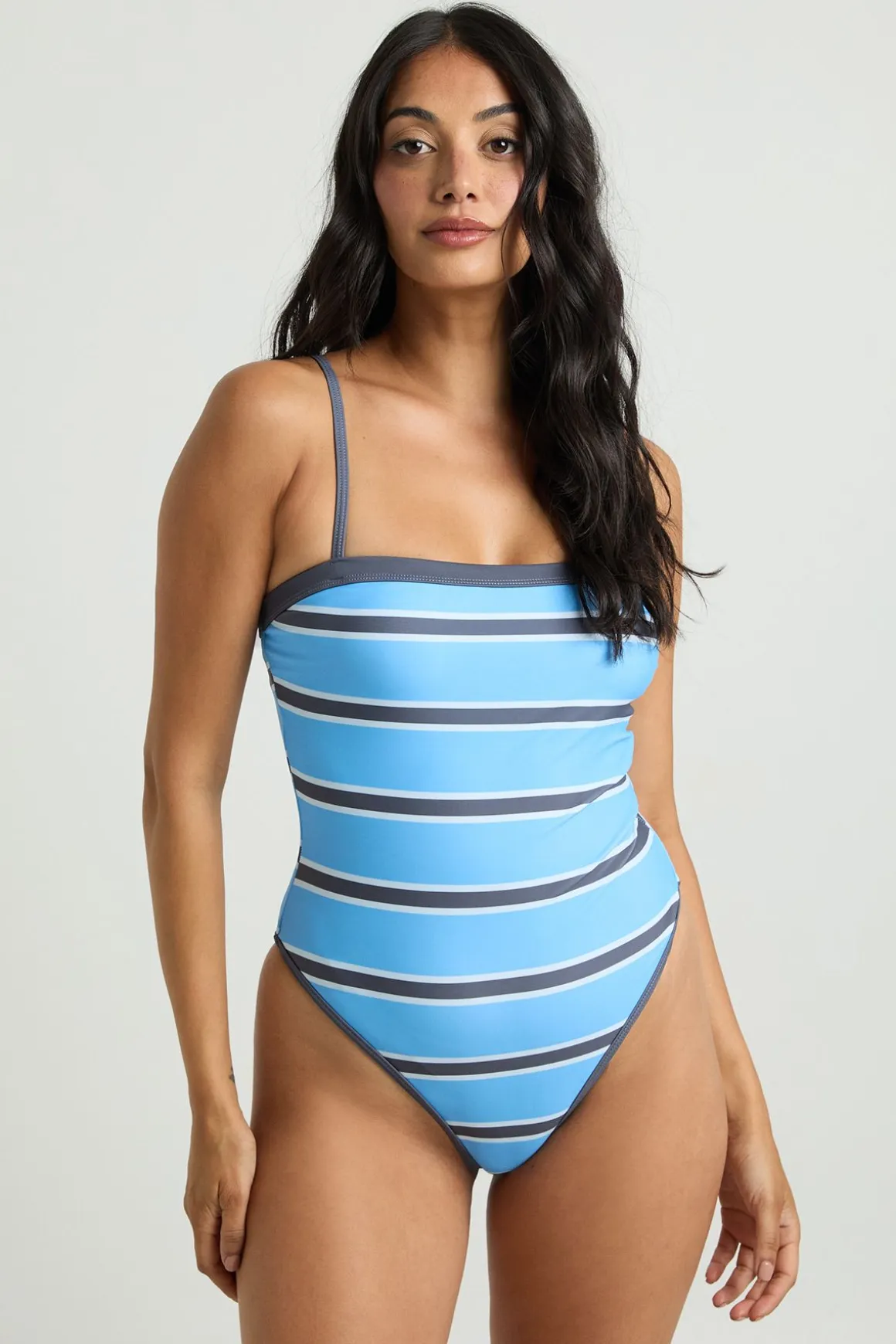 Maillot de Bain Bandeau à Rayures avec Biais Contrastant