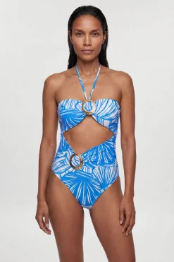 Maillot De Bain Bleu À Imprimé Abstrait Avec Détails Ornementaux