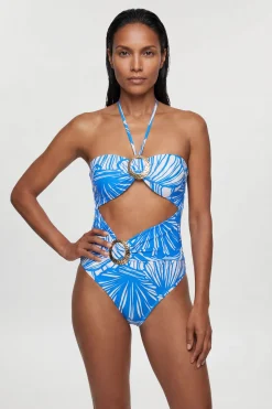 Maillot De Bain Bleu À Imprimé Abstrait Avec Détails Ornementaux