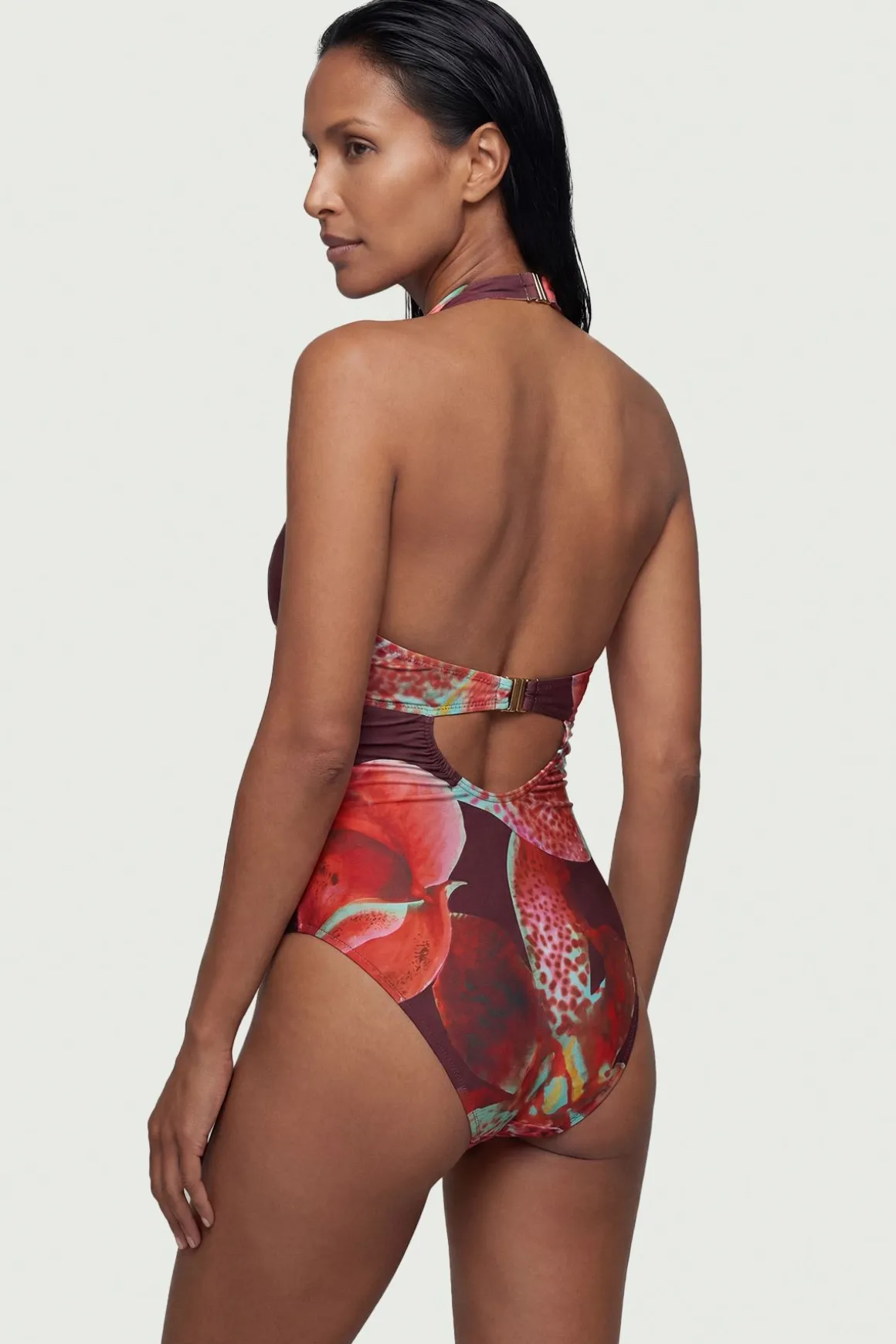 Maillot de Bain Décolleté à Imprimé Floral Photographique avec Détail en Strass