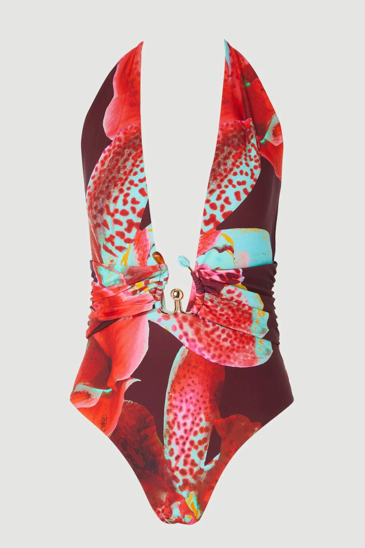 Maillot de Bain Décolleté à Imprimé Floral Photographique avec Détail en Strass