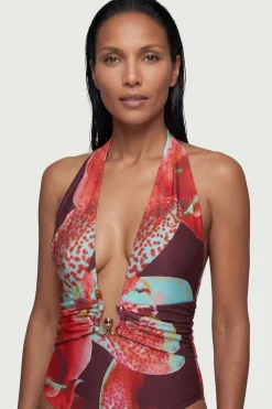 Maillot de Bain Décolleté à Imprimé Floral Photographique avec Détail en Strass