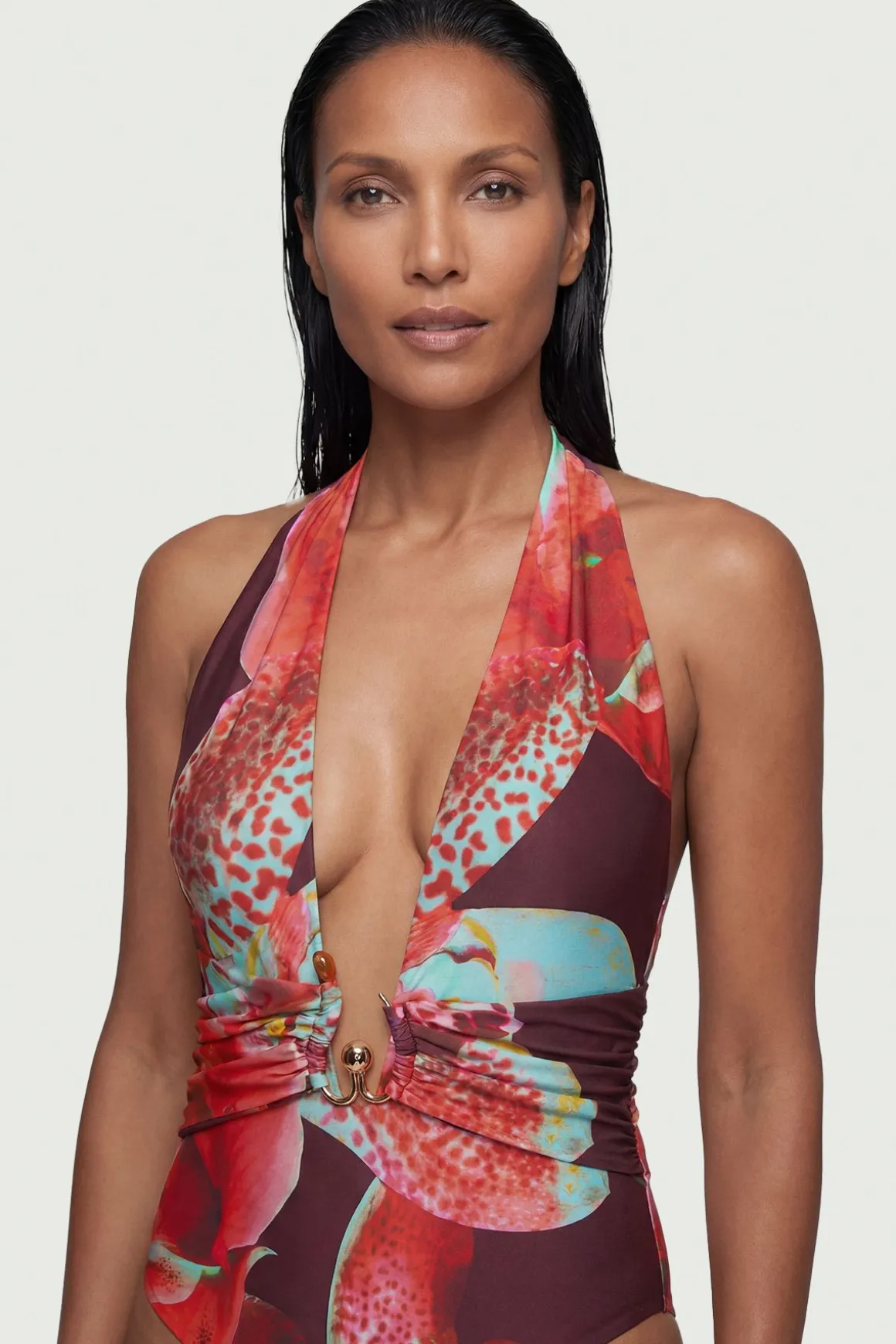 Maillot de Bain Décolleté à Imprimé Floral Photographique avec Détail en Strass