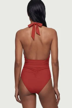 Maillot de Bain Décolleté Plongeant avec Col Licou et Détail Métallique