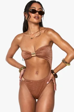 boohoo Maillot de bain découpé avec détails métalliques en or martelé haut de gamme<Femme Maillots De Bain|Tenues De Plage