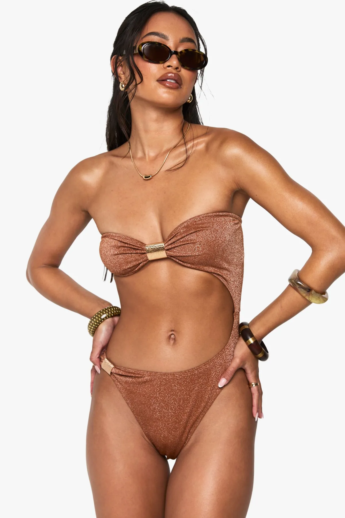 boohoo Maillot de bain découpé avec détails métalliques en or martelé haut de gamme<Femme Maillots De Bain|Tenues De Plage