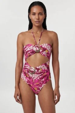 Maillot de Bain à Découpes avec Détails de Garniture Métallique Tropicale