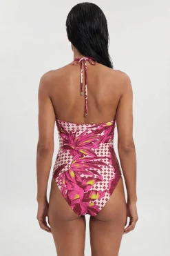 Maillot de Bain à Découpes avec Détails de Garniture Métallique Tropicale