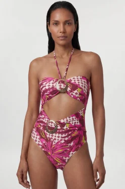 Maillot de Bain à Découpes avec Détails de Garniture Métallique Tropicale
